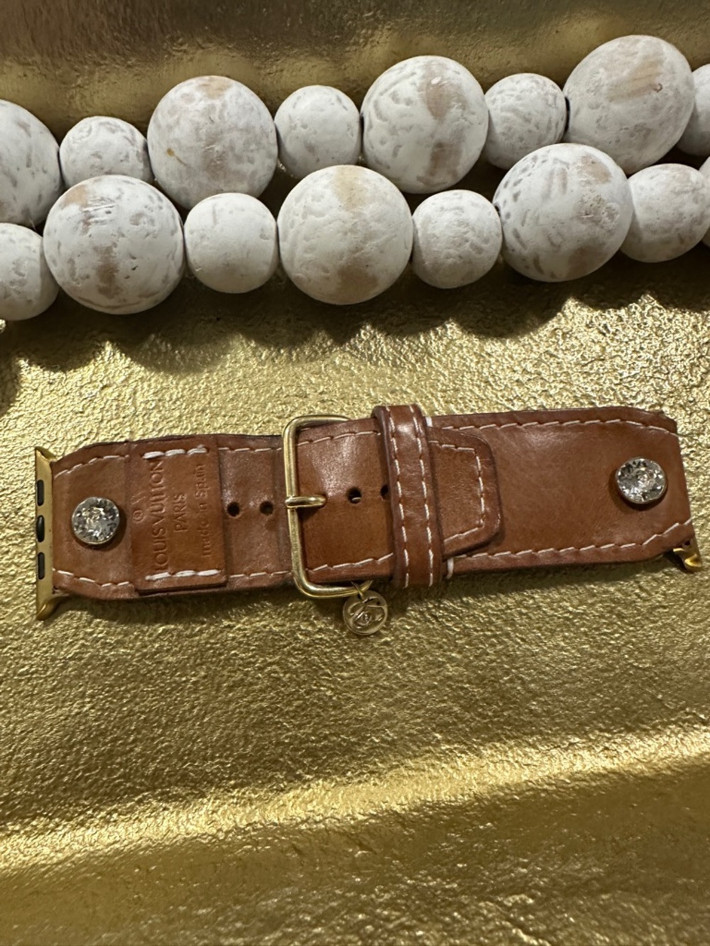 Louis Vuitton Tan Leather Apple Watch Band with Gold Hardware and Crystal Studs